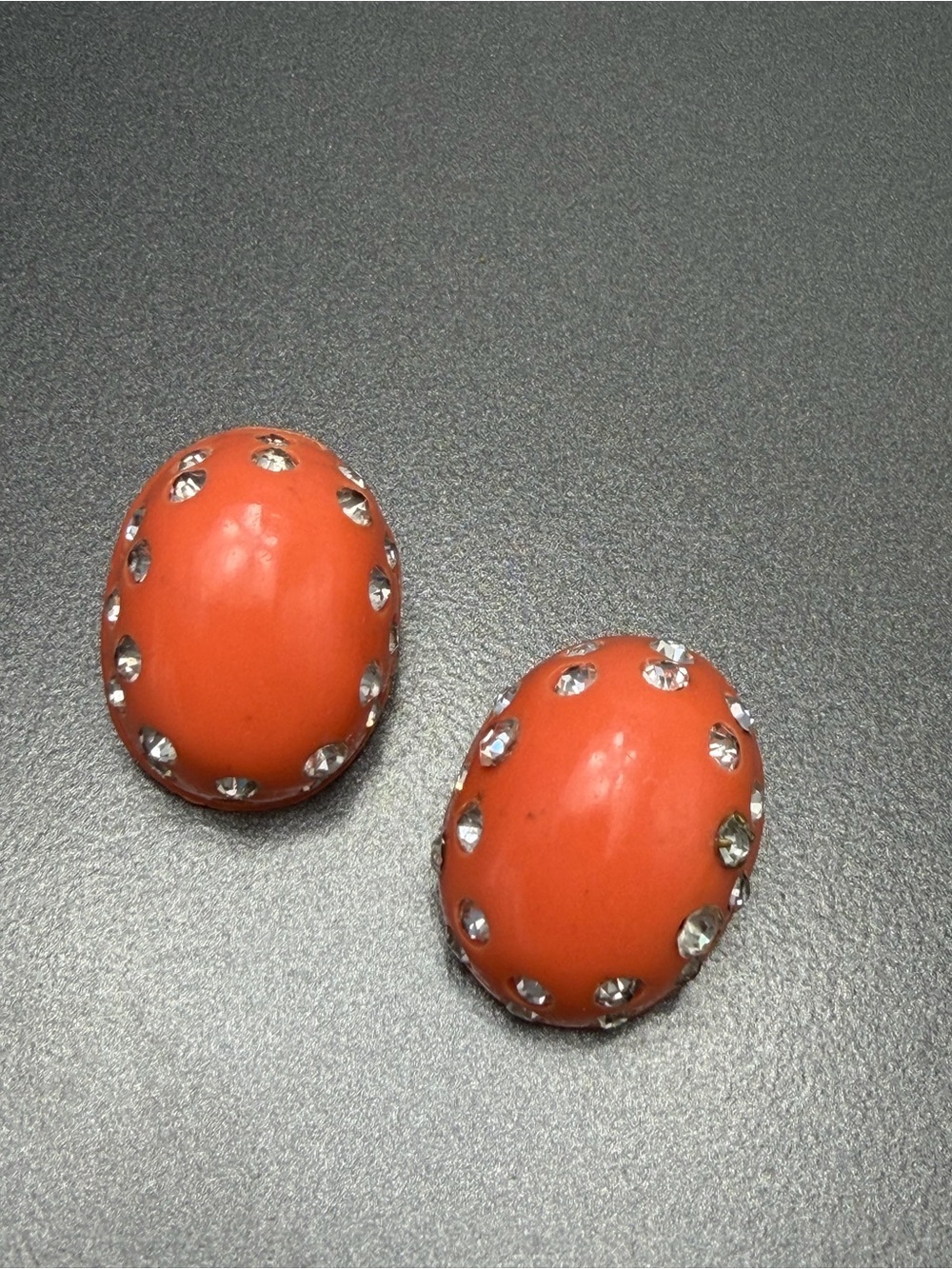 💚💚 Art Deco Orange and Rhinestone Oval Clip Earrings #369ue